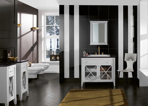 elegancka klasyczna aranżacja łazienki biało czarna 